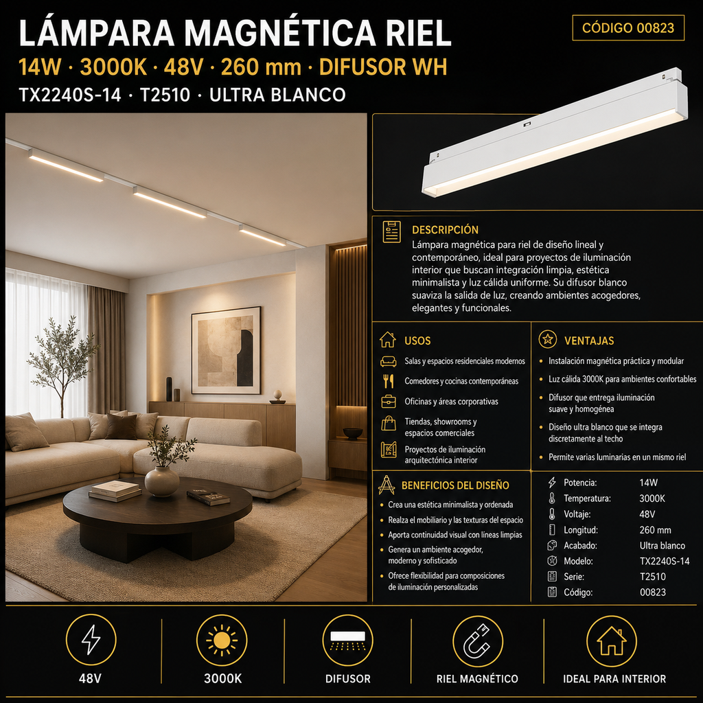 Lampara magnética riel 14W 3000K TX2240S-14 48v 260mm difusor  WH  T2510 UNTRA BLANCO (3)