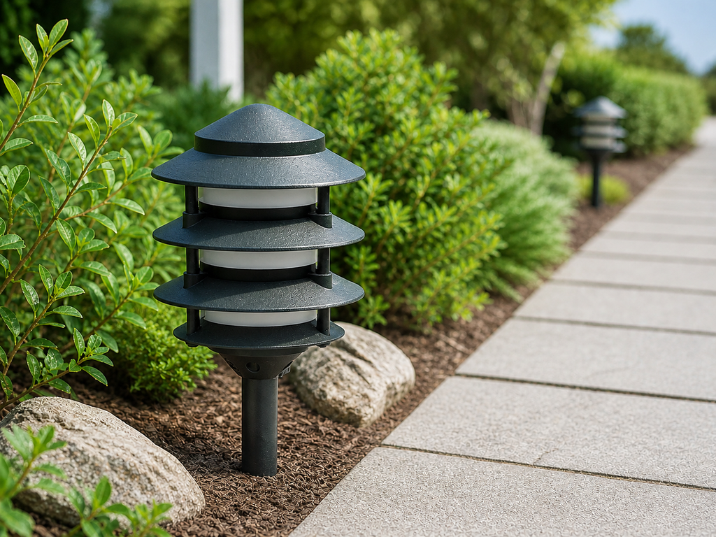 Lampara de Jardín Pagoda 4T E-27 JT-15224-FG Verde 1/2 NPT Con Niple de 1 FT y Puya (2)