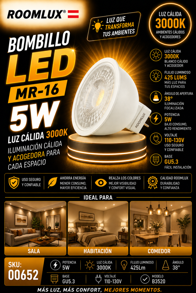 Bombillo 5W 3000k MR-16 GU5.3 110-130V 425Lm 38° B3520- ROOMLUX