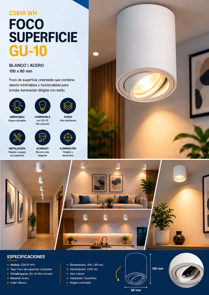 Foco Superficie GU-10 CS61R WH Acero Blanca 100*80 mm EVOLIGHT