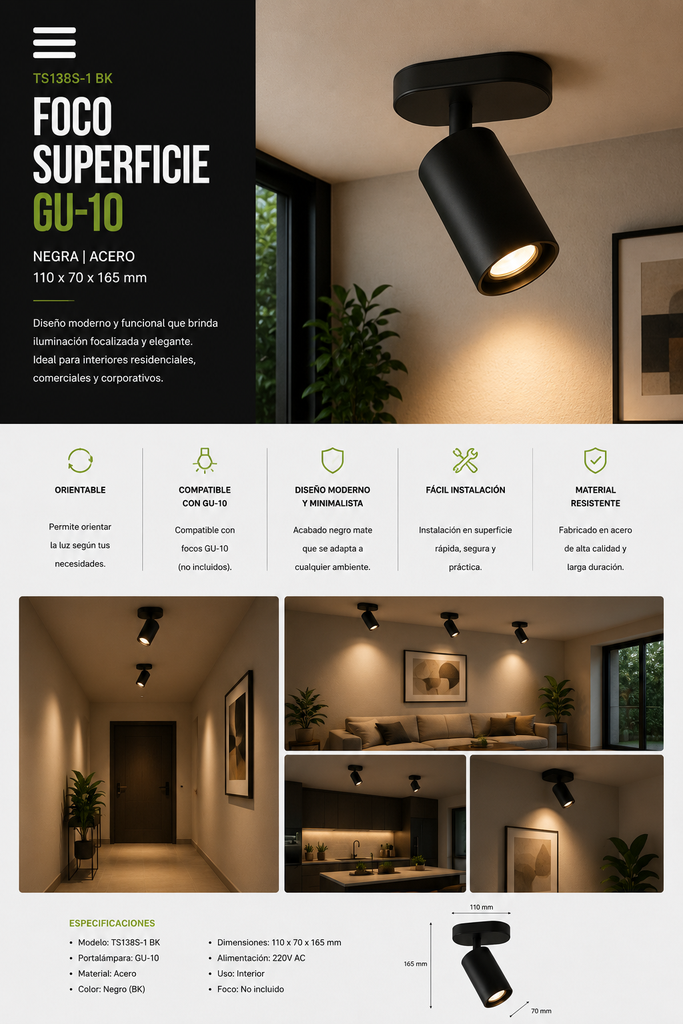 Foco Superficie GU-10 TS138S-1 BK Negro Acero 110*70*165 mm