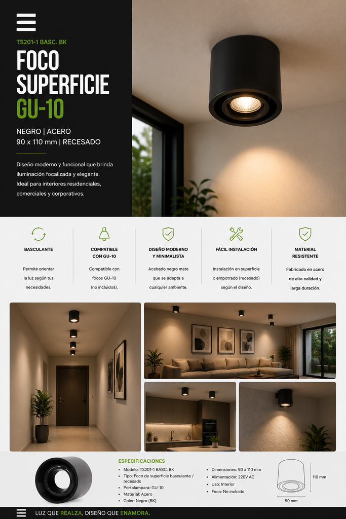 Foco Superficie GU-10 TS201-1 Basculante BK Negro Acero 90 x110 mm recesado