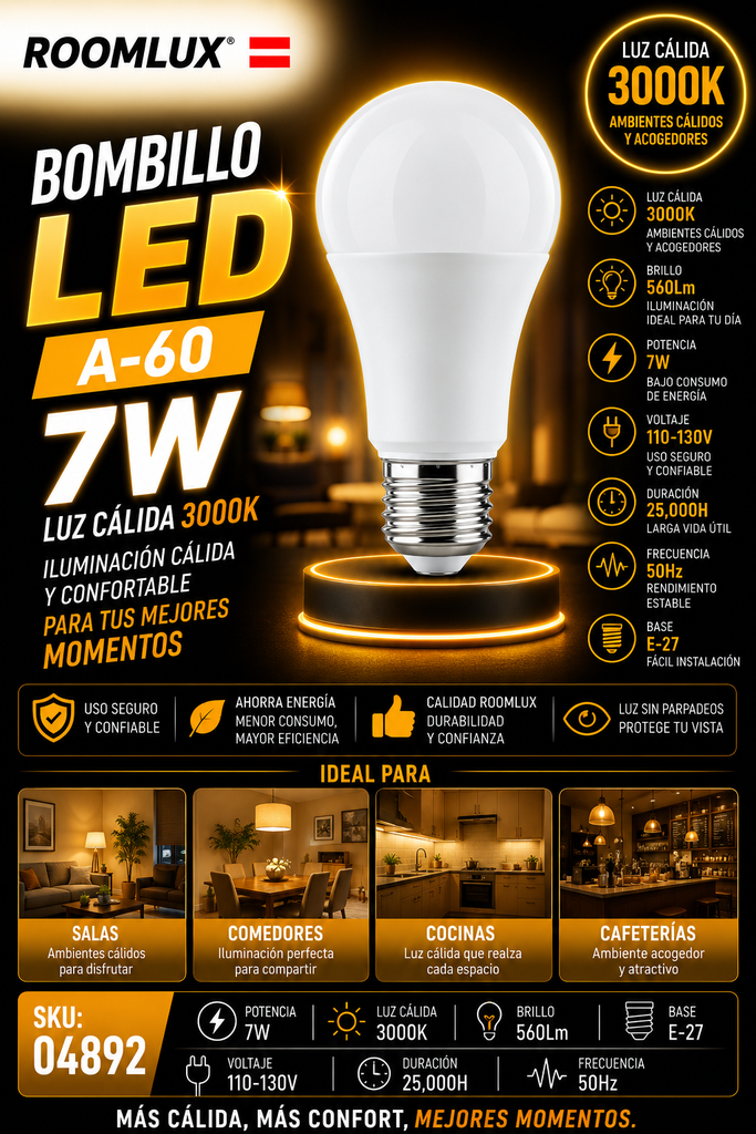Bombillo 7w 3000k A-60 110-130V 560Lm 25000H 50Hz B15580- ROOMLUX