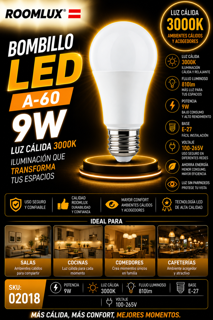Bombillo 9w 3000k E-27 A-60 810lm 100-265V B15580 ROOMLUX