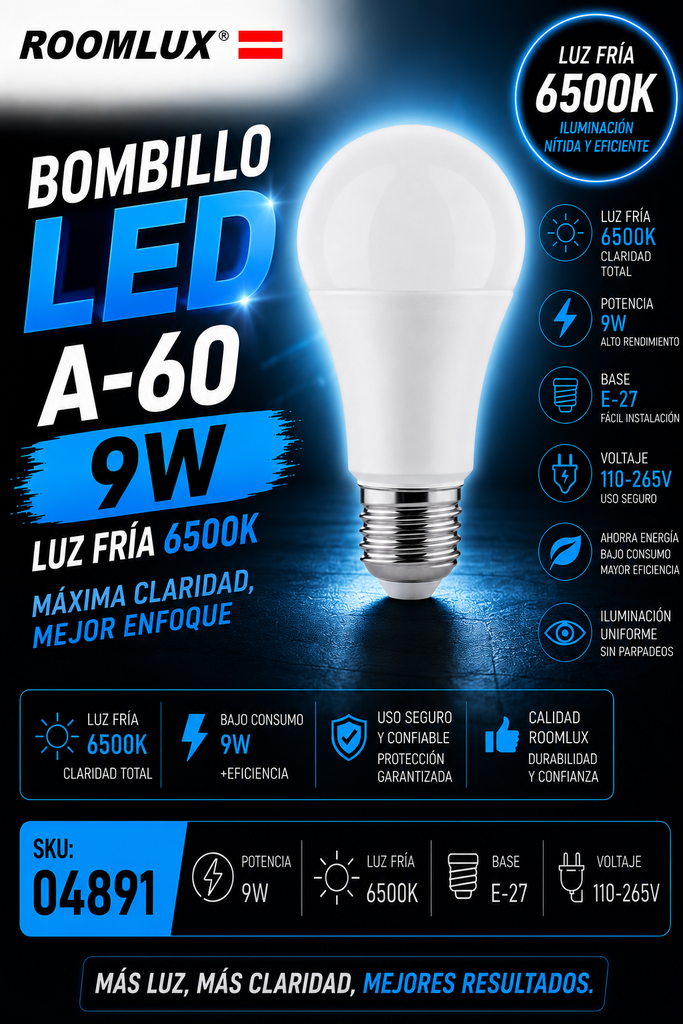Bombillo 9W 6500K E-27 A-60 110-265V B15580 ROOMLUX