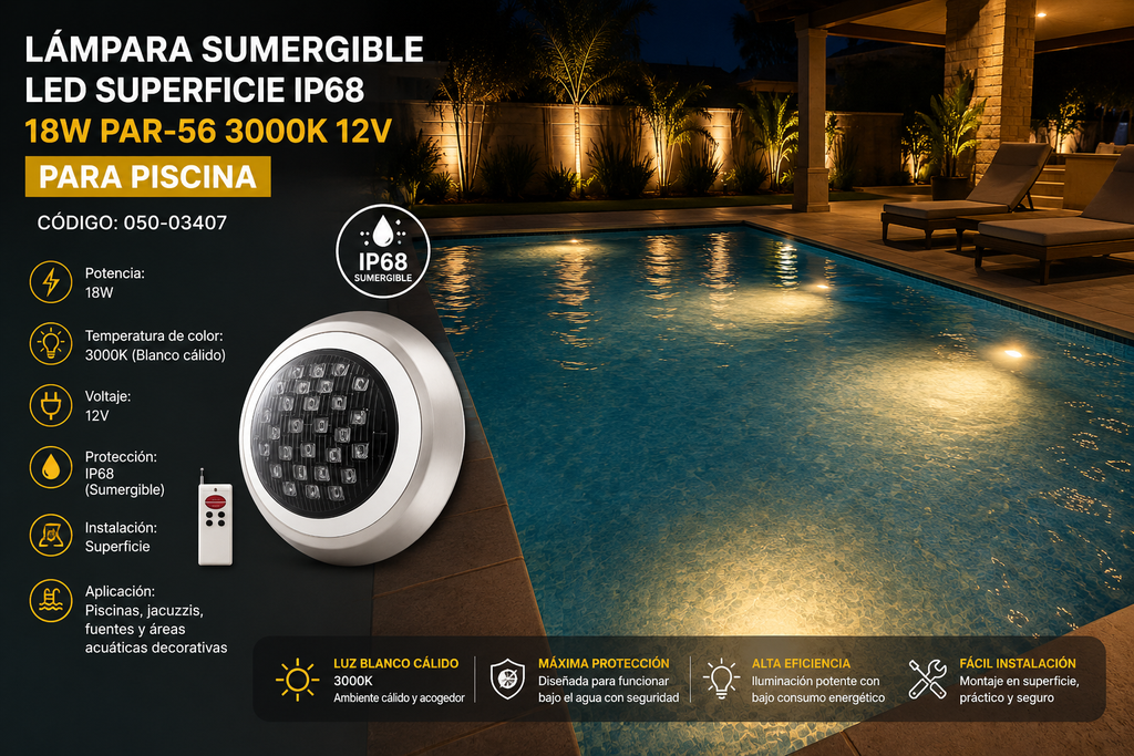 Lampara Sumergible LED Superficie IP68 18W PAR-56 3000K 12V P/Piscina