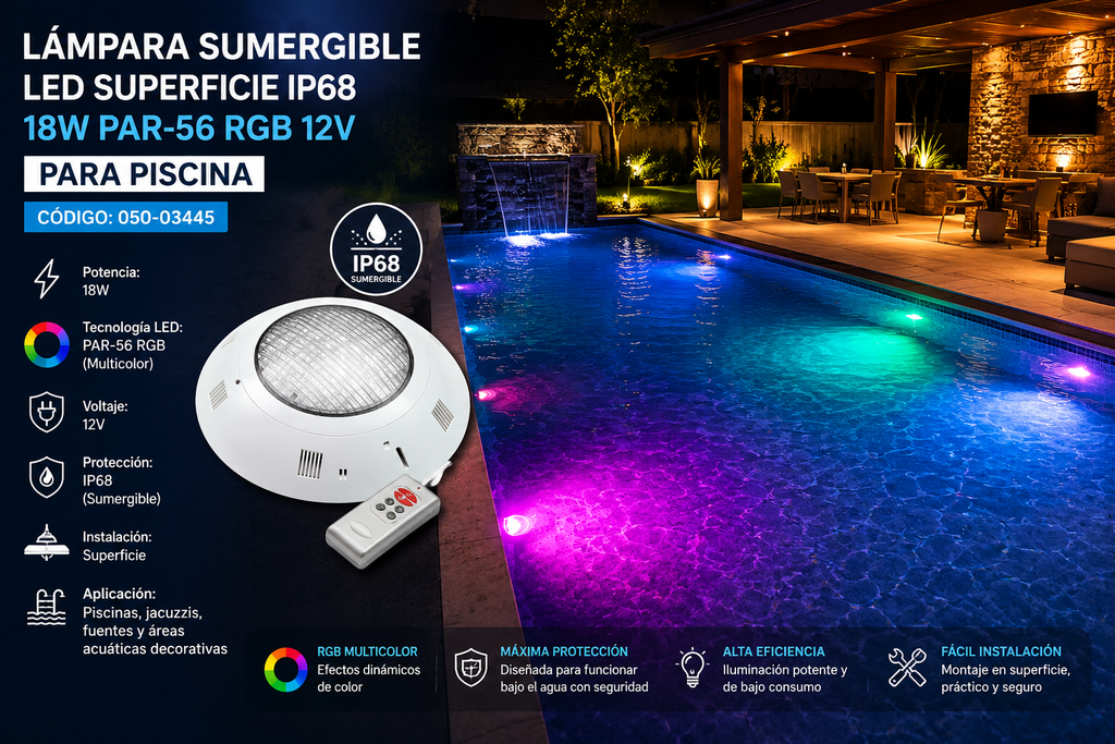 Lampara Sumergible LED Superficie IP68 18W PAR-56 RBG 12V P/Piscina