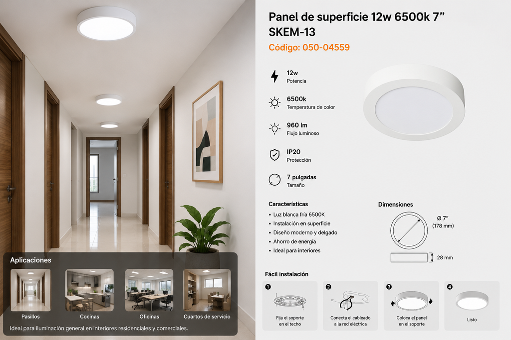Panel de Superficie 12w 6500k 7" SKEM-13