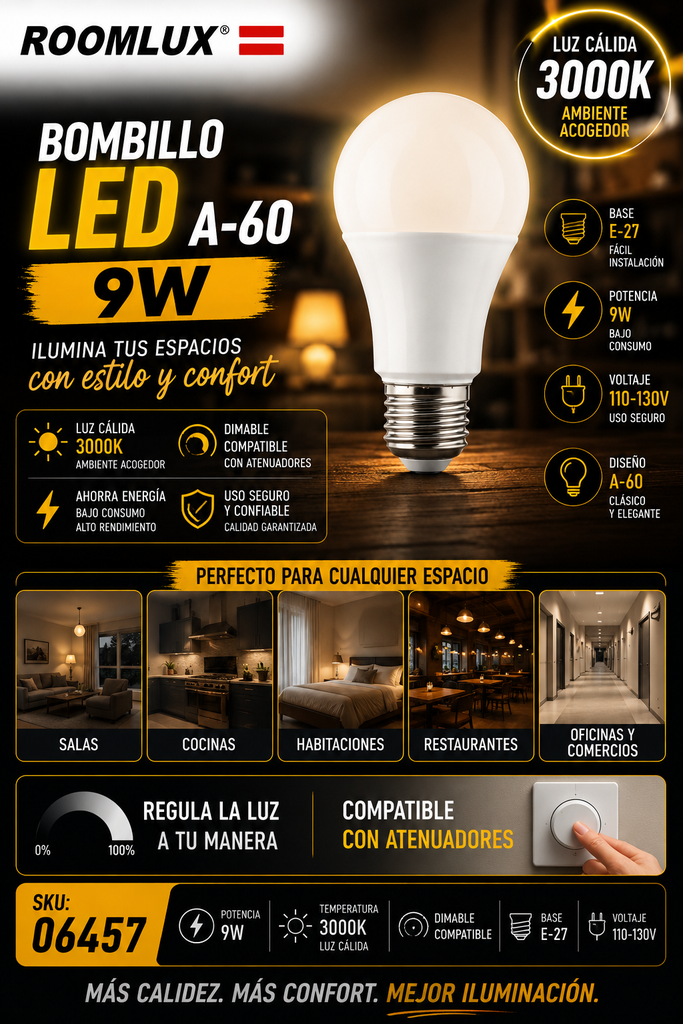 Bombillo 9W 3000k E-27 Dimeable B15580 A-60 110-130V ROOMLUX