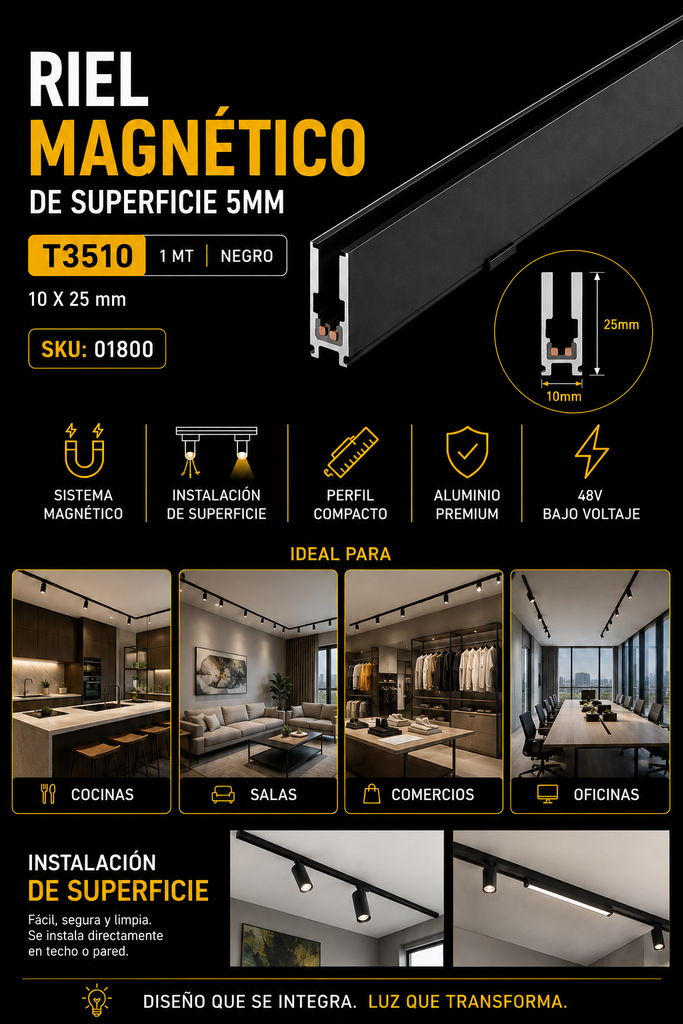 Riel Magnético de Superficie 5 mm T3510 1 MT X 10 X 25 Negro