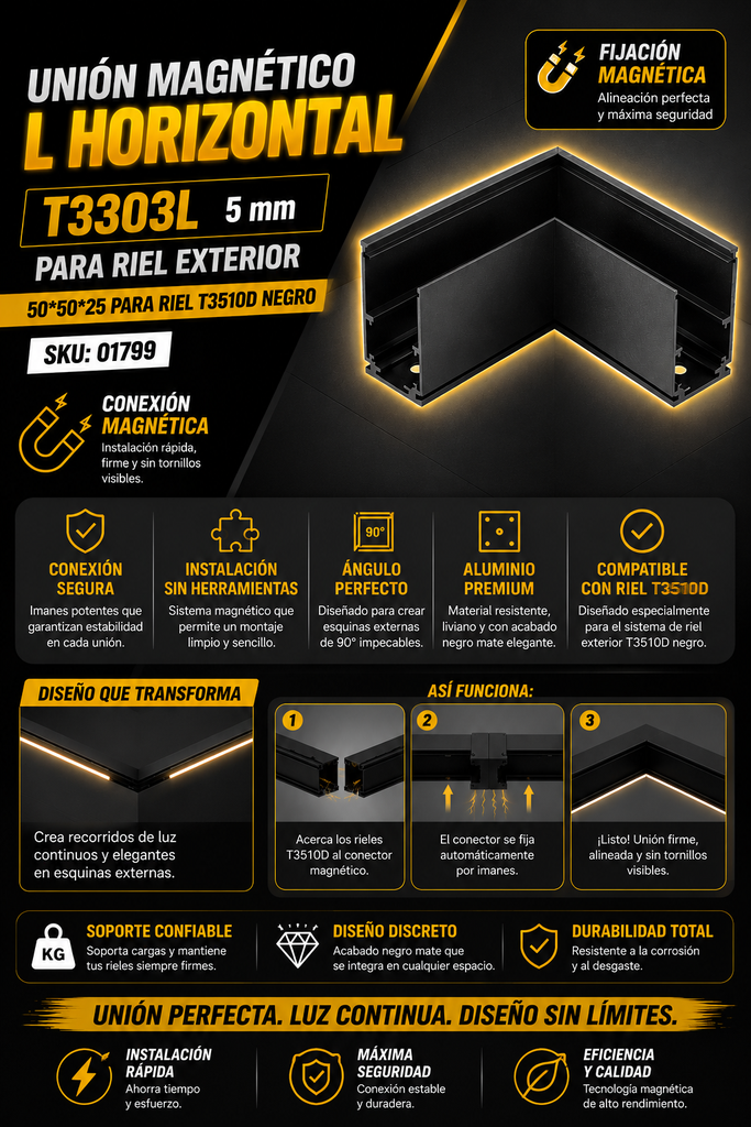 Unión Magnético L Horizontal T3303L para Riel Exterior 5MM 50*50*25 para Riel T3510D Negro