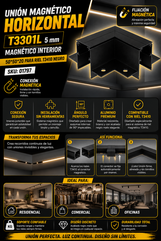 Unión Magnético Horizontal T3301L 5MM Magnético Interior 50*50*20 para Riel T3410 Negro