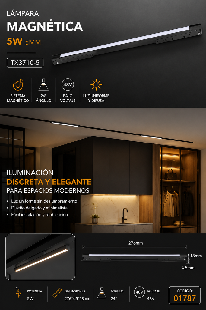 Lampara Magnética 5W 5mm TX3710-5 276*4.5*18mm 24° 48v Difusor