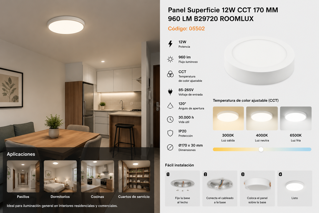 Panel Superficie 12W CCT 170 MM 960 LM B29720 ROOMLUX