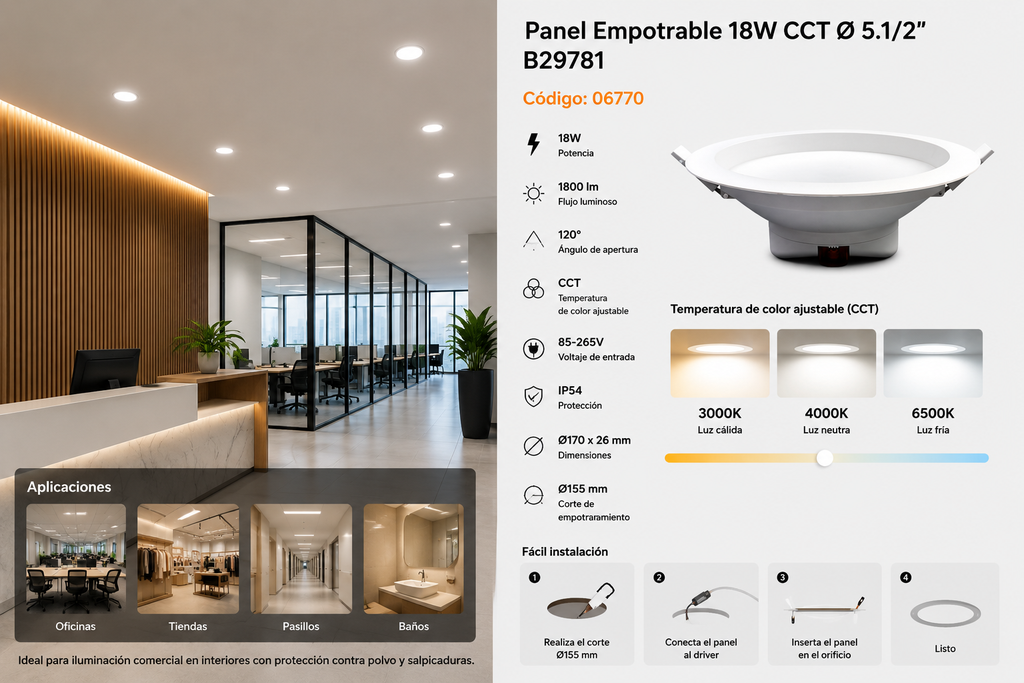 Panel Empotrable 18W CCT Ø 5.1/2" B29781 1800LM IP-54 COMERCIAL ROOMLUX (170x26mm)