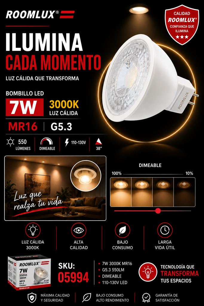 Bombillo 7W 3000k MR16 B03520 G5.3 550LM DIMEABLE 110-130V LED ROOMLUX