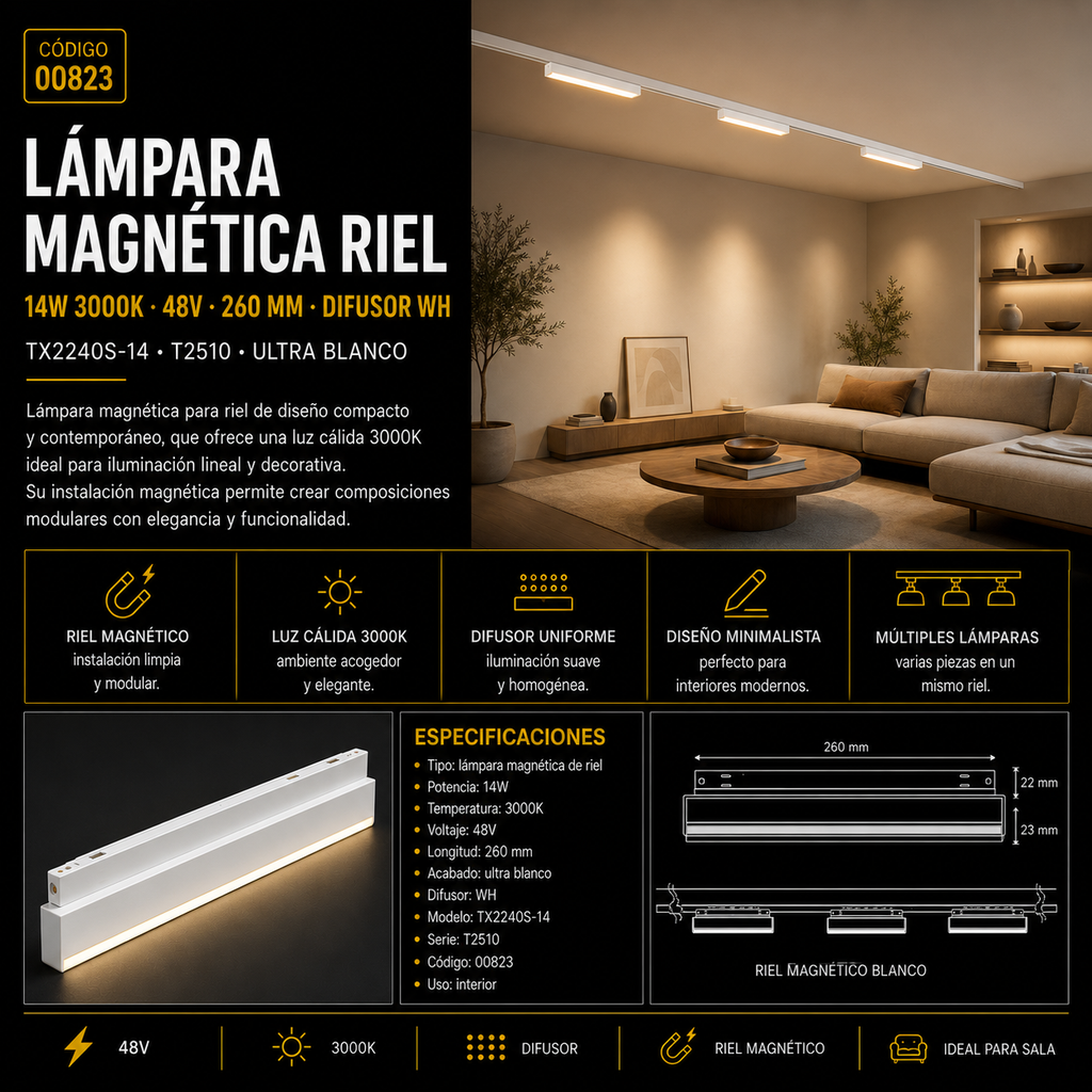Lampara magnética riel 14W 3000K TX2240S-14 48v 260mm difusor  WH  T2510 UNTRA BLANCO