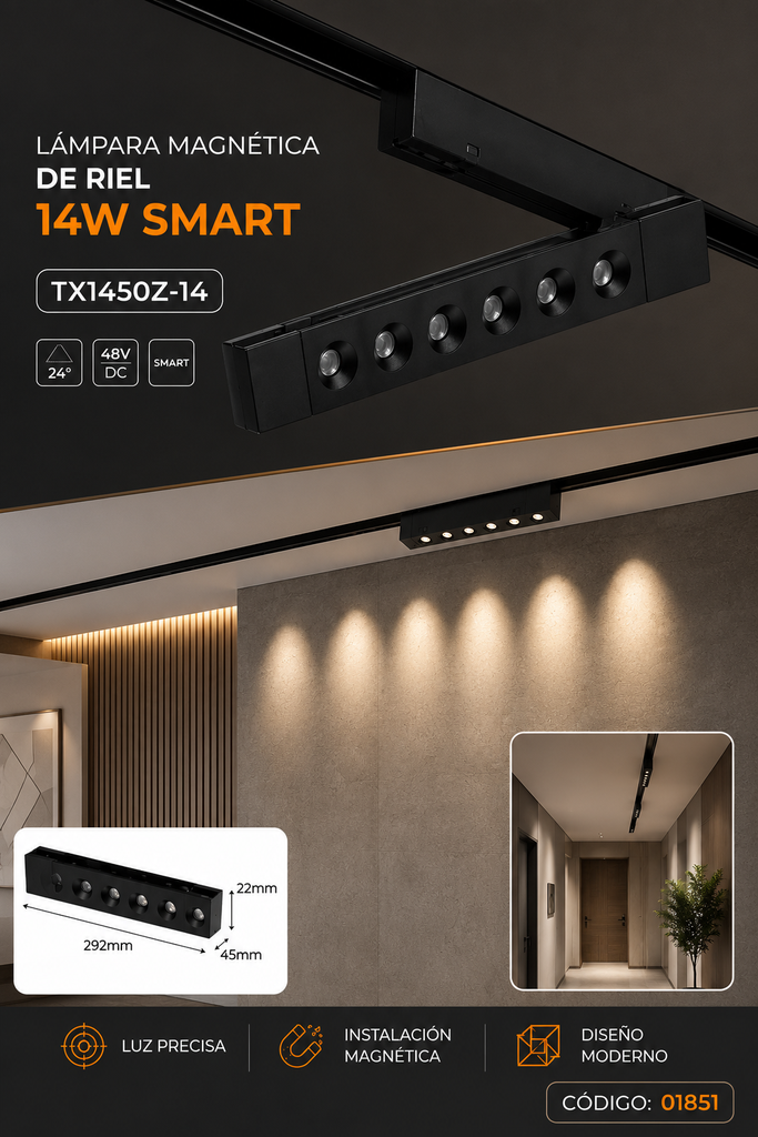 Lampara Magnética de Riel 14W SMART TX1450Z-14 292mm 24° 48v Recesada