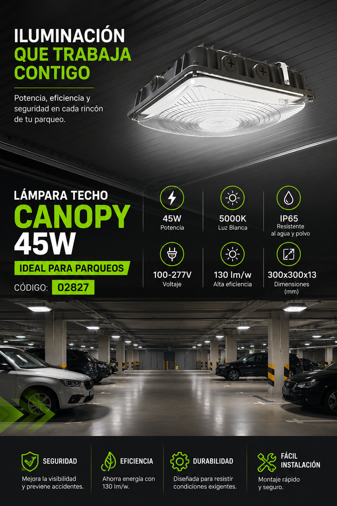 Lámpara de Techo Canopy 45w 5000K IP65 LX 100-277v 300*300*13 130 lm/w para Parqueos