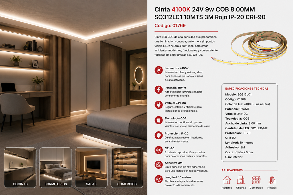Cinta 4100K 24V 9w COB 8.00MM SQ312LC1 10MTS 3M Rojo IP-20 CRI-90