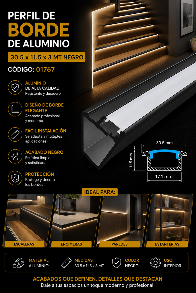 Perfil 30.5 x 11.5 x 3 MT Negro de Borde de Aluminio