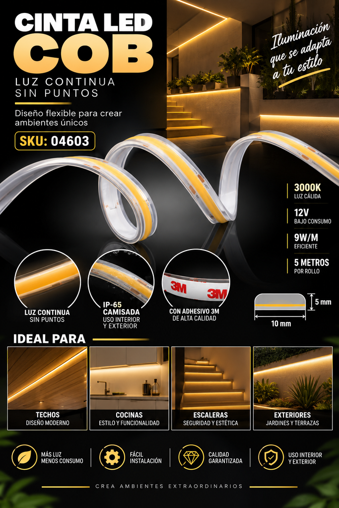 Cinta 3000K 12V 9w COB SQ312LC1 5mts 3M Rojo IP-65 Camisada