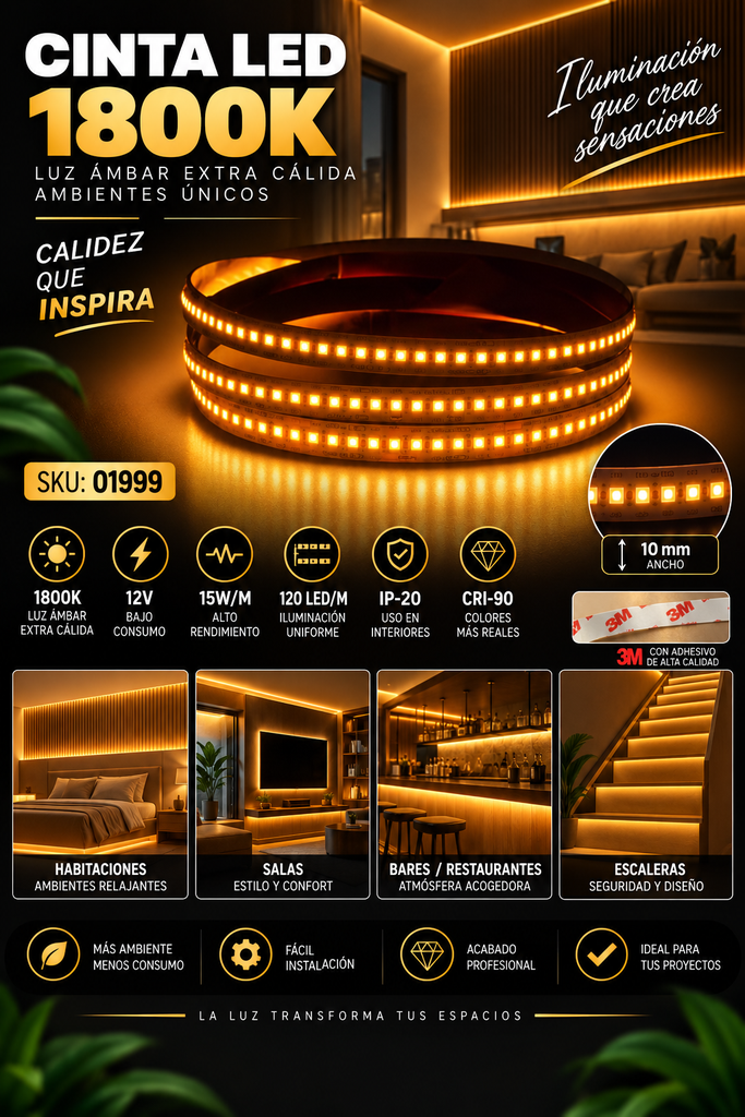 Cinta 1800K 12V 15W/M SWW120F10W12-2835 5 MT 10 mm CRI-90 120 LED/MT IP-20 3M Rojo AMBAR