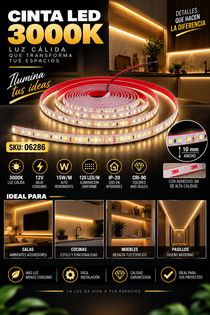 Cinta 3000K 12V 15W/M SWW120F10W12-2835 5 MT 10 mm CRI-90 120 LED/MT IP-20 3M Rojo
