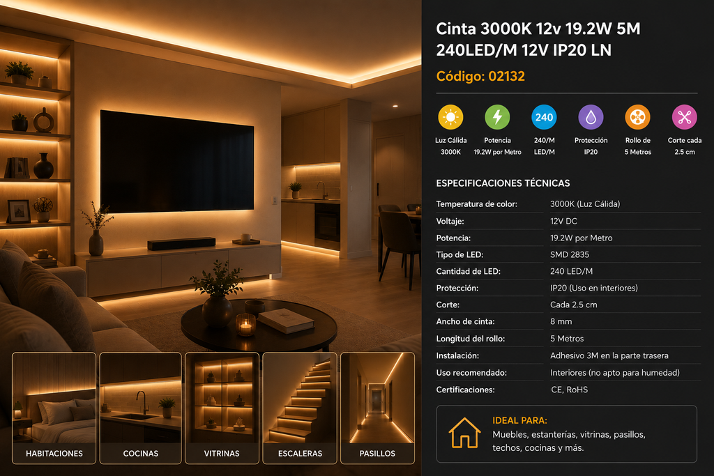 Cinta 3000K 12v 19.2W 5M 240LED/M 12V IP20 LN
