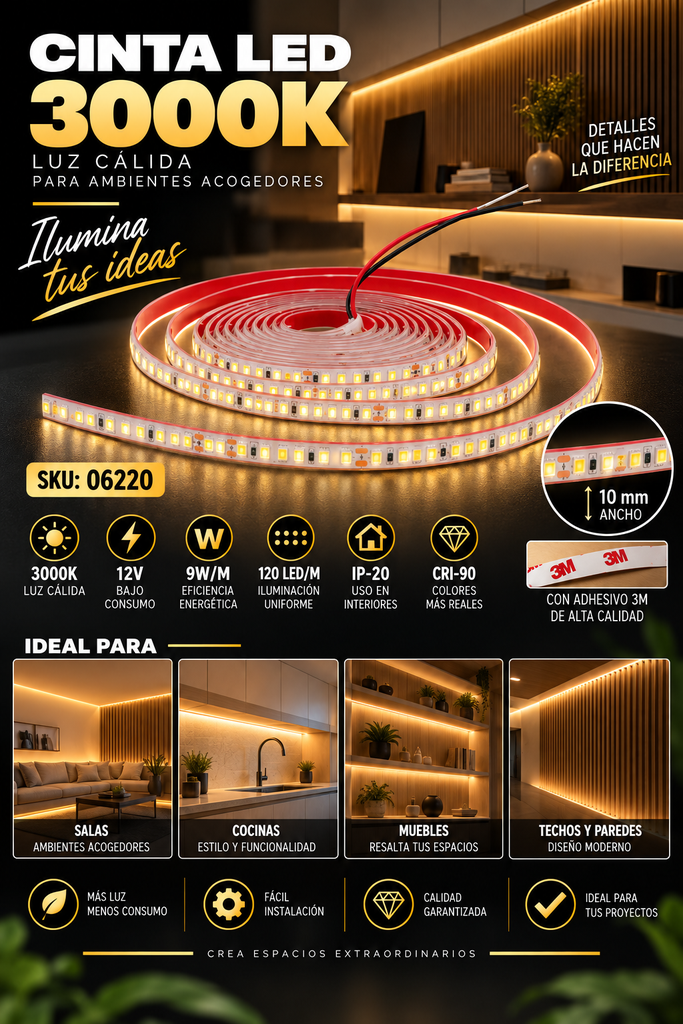 Cinta 3000K 12V 9W/M SWW120F10W12-2835 5 MT 10 mm CRI-90 120 LED/MT IP-20 3M Rojo