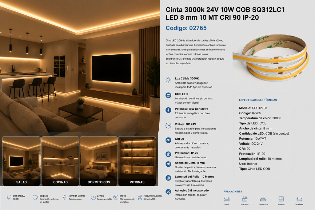 Cinta 3000k 24V 10W COB SQ312LC1 LED 8 mm 10 MT CRI 90 IP-20
