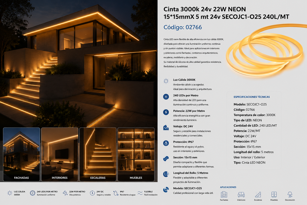 Cinta 3000k 24v 22W NEON 15*15mmX 5 mt 24v SECOJC1-O25 240L/MT