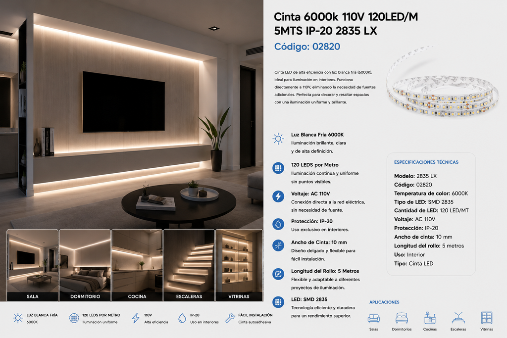 Cinta 6000k 110V 120LED/M 5MTS IP-20 2835 LX