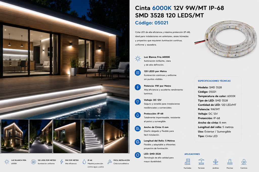 Cinta 6000K 12V 9W/MT IP-68 SMD 3528 120 LEDS/MT