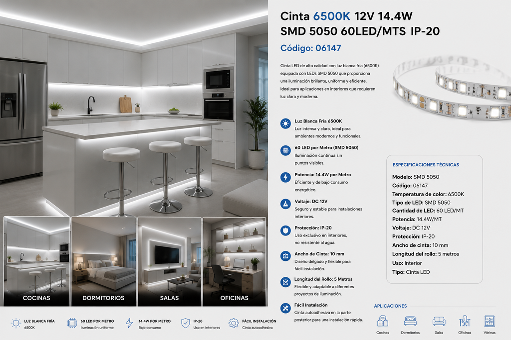 Cinta 6500K 12V 14.4W SMD 5050 60LED/MTS IP-20
