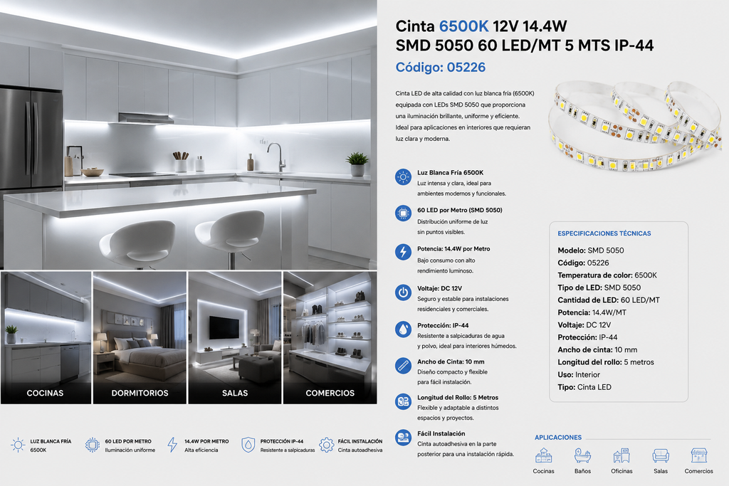 Cinta 6500K 12V 14.4W SMD 5050 60 LED/MT 5 MTS IP-44