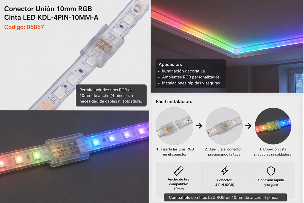 Conector Unión 10mm RGB Cinta LED KDL-4PIN-10MM-A