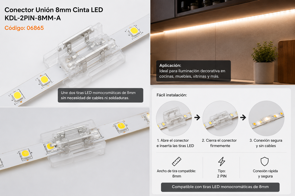 Conector Unión 8mm Cinta LED KDL-2PIN-8MM-A
