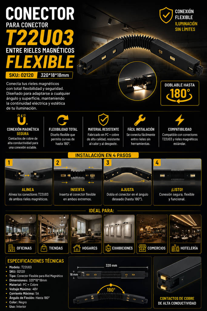 Conector T22U03 entre Rieles Magnético Flexible 320*18*18mm