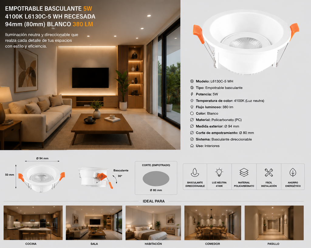 Empotrable Basculante 5w 4100K L6130C-5 WH Recesada 94mm (80mm) Blanco 380 lm