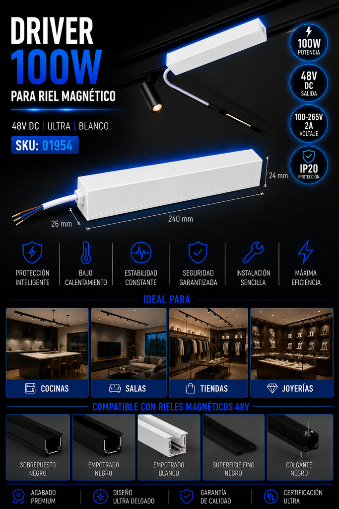 Driver 100w 48V TX1940-100W WH 100-265V 2A IP-20 de Riel Magnético 240*26*24 (Fuente) ULTRA