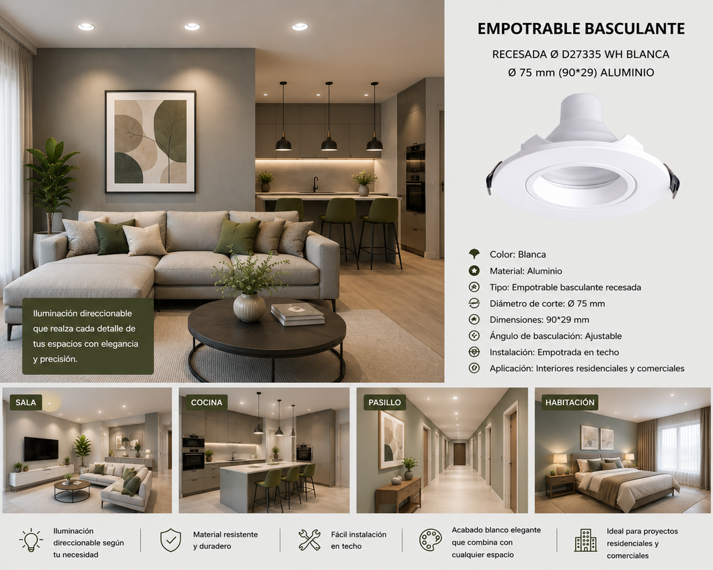 Empotrable Basculante Recesada Ø D27335 WH Blanca Ø 75 mm (90*29) Aluminio