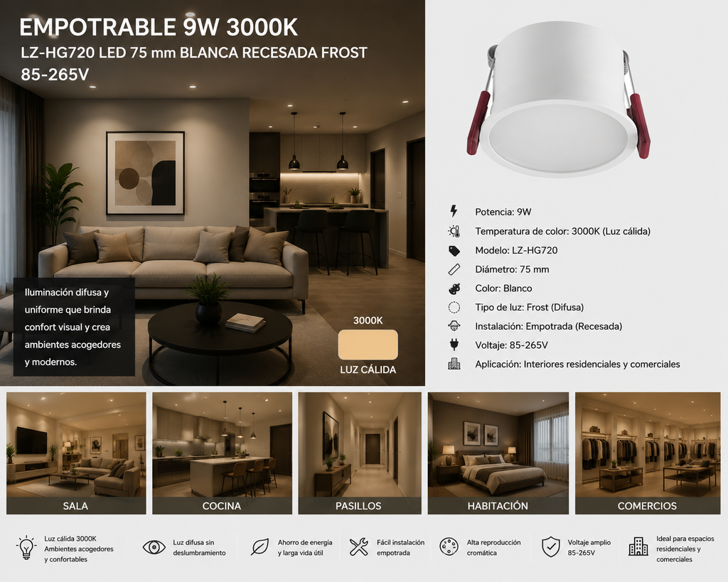 Empotrable 9W 3000K LZ-HG720 LED 75 mm Blanca Recesada Frost 85-265V