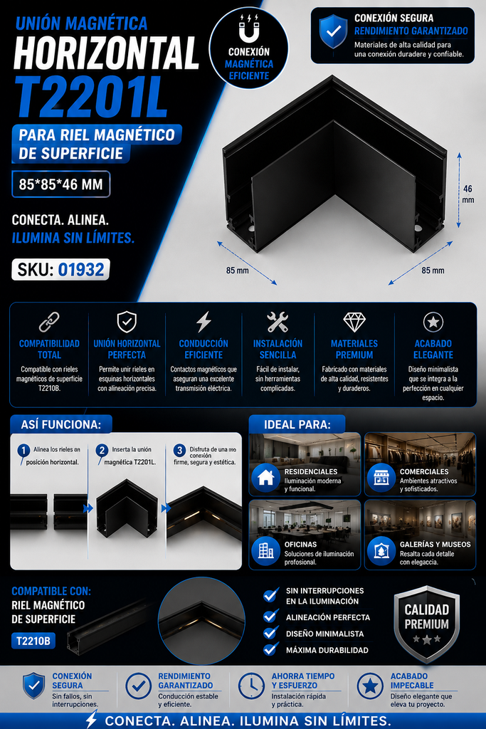 Unión Magnética Horizontal T2201L Para Riel Magnético de Superficie 85*85*46