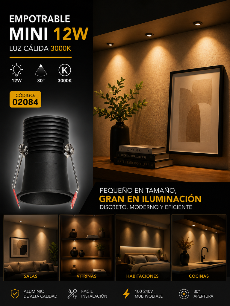Empotrable Mini 12w LCS7260-12 BK Recesada LED Ø 3000K Negra Ø 50MM (60*82) 30° 100-240V