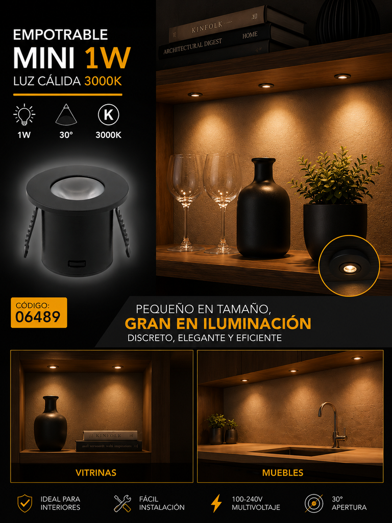 Empotrable Mini 1W 3000K LCG0610-1 BK Negro Ø 30MM (35*29) 30° 100-240V 60 lm PC