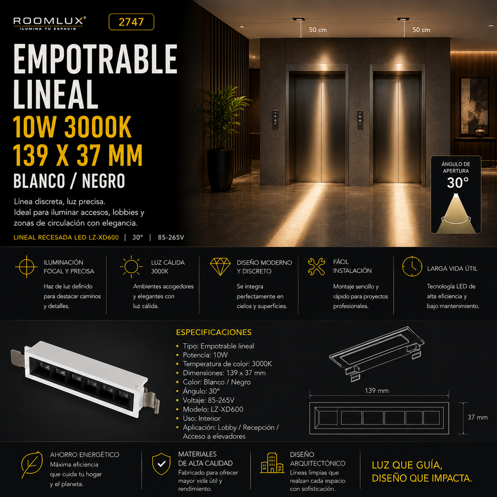 Empotrable lineal DOTS 10W 3000K 139X37mm blanco/negro 30° 85-265V lineal recesada LED LZ-XD600