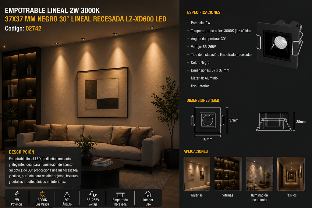 Empotrable Lineal DOTS 2W 3000K 37x37 mm Negro 30° Lineal Recesada LZ-XD600 LED