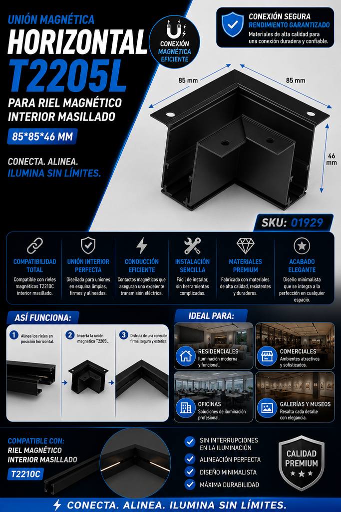 Unión Magnética Horizontal T2205L para Riel Magnético Interior Masillado 85*85*46 para Riel T2210C Negro