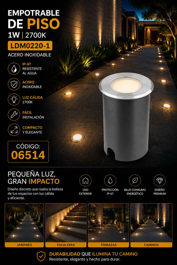 Empotrable de Piso 1w LDM0220-1 Acero Inoxidable 43 mm Redonda 2700k IP-67
